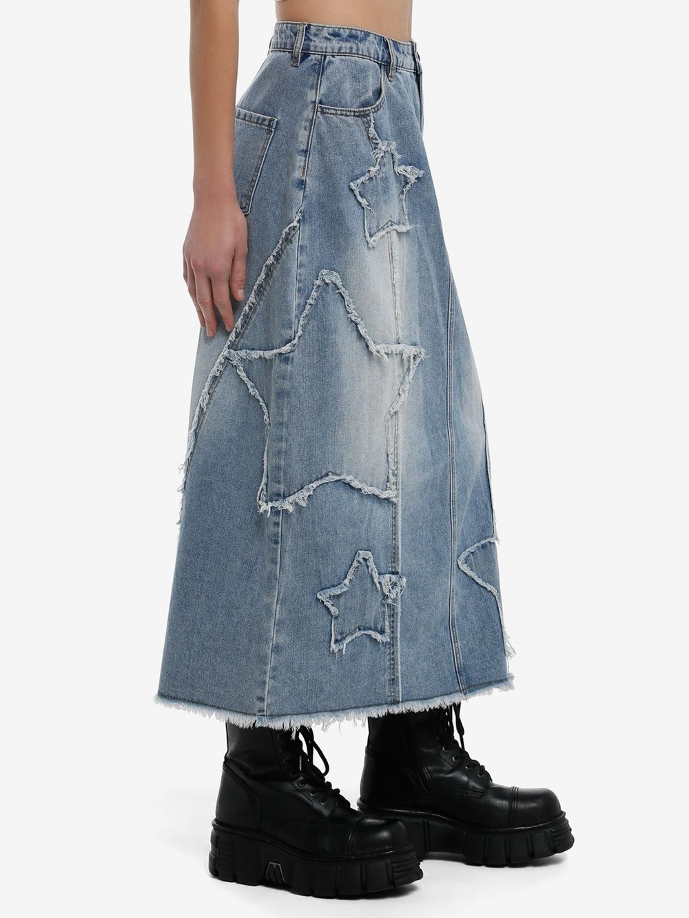Light Blue Denim Star Appliqué Maxi Skirt – Social Collision | Size M